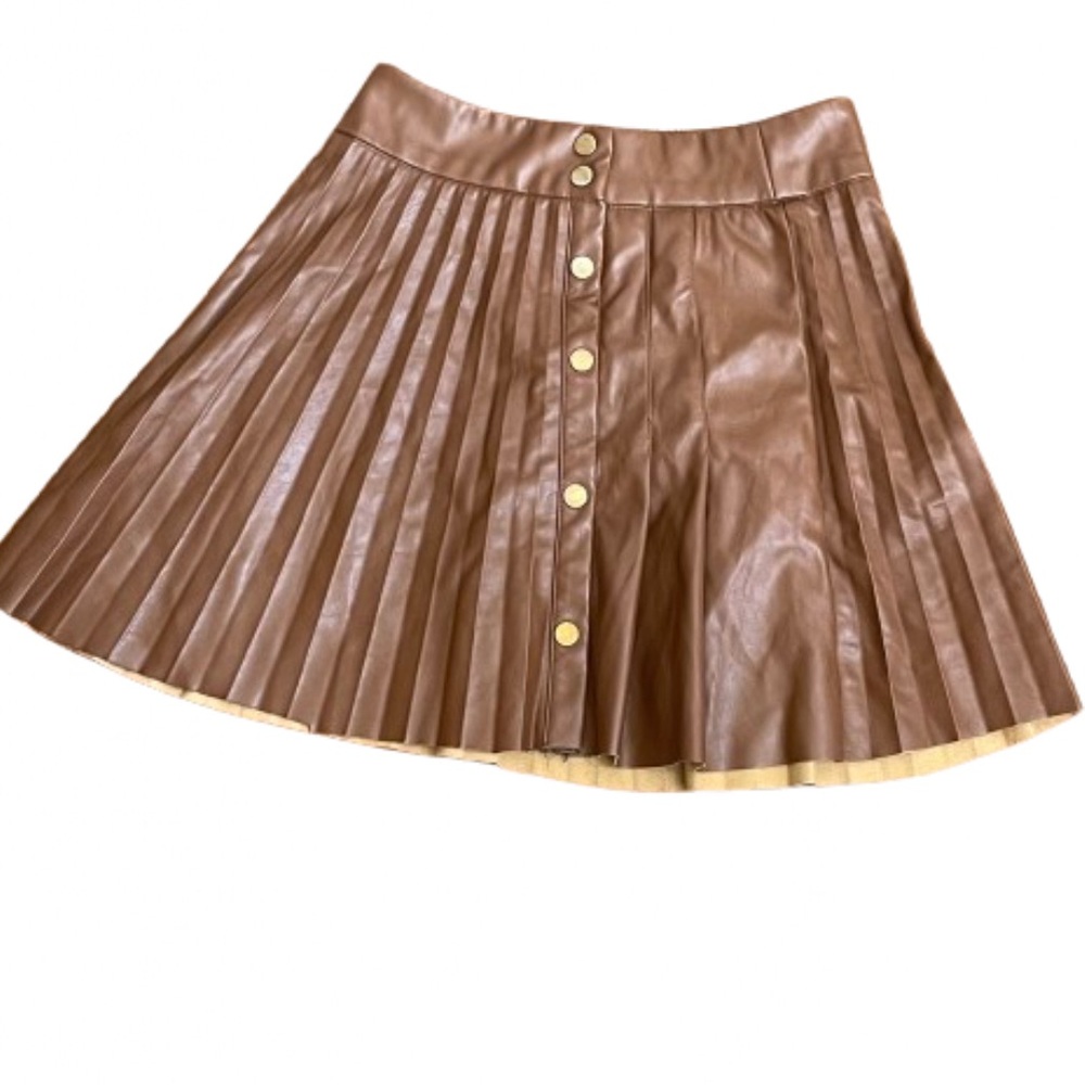 TRAF Women's Brown Faux Leather Button Up Pleated Mini Skirt Medium